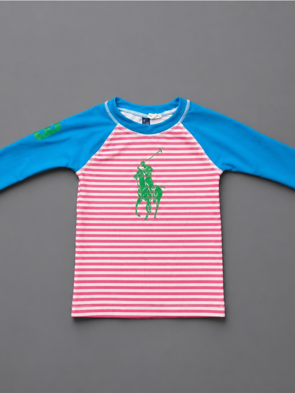 Polo by Ralph Lauren Pink & Blue Striped Kids Rashguard with Green Pony